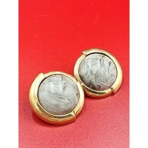 VTG 1980 MONET Marbled Gray White Cabochon Gold Tone Button Post Earrings Signed